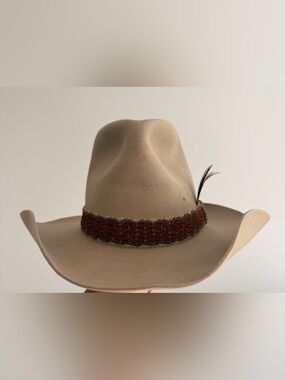 Stetson Beige Wool Felt Fedora with Brown Woven Band and Feather Trim